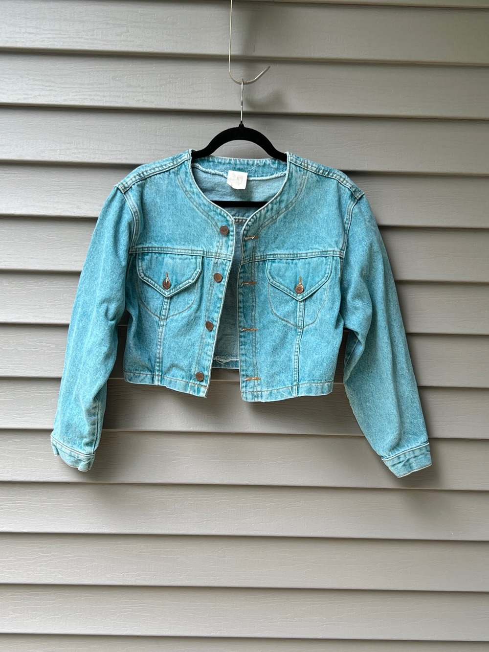 Vintage Bongo 90s Cropped Denim Jacket Aqua Blue Collarless Jean Jacket Medium